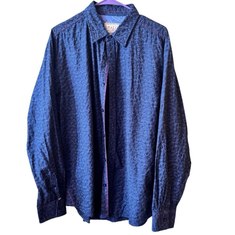 Vintage Italia- Men’s Blue Paisley Patterned Button Down Western Shirt, XXL